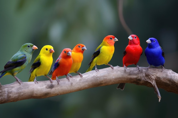 Group of colorful birds perched on tree branch singing created with generative ai