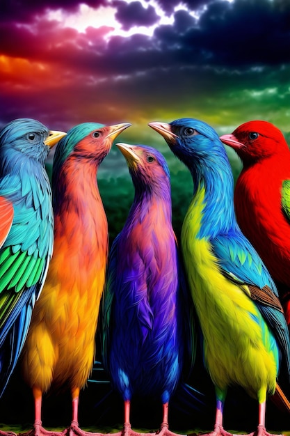 A Group Of Colorful Birds Standing Next To Each Other