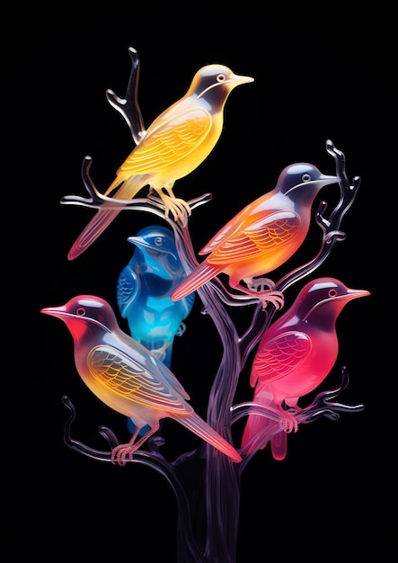 Группа разноцветных птиц на дереве