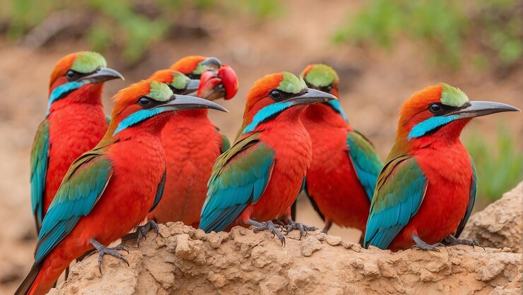 Photo a group of colorful birds with one of them has a red beak