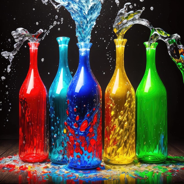 A group of colorful bottles with water pouring out of them.