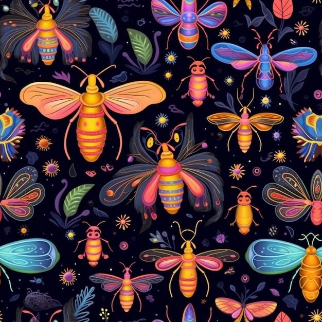 A group of colorful bugs and flowers on a black background generative ai