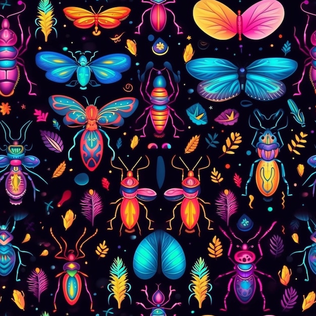 Группа красочных жуков и насекомых на черном фоне, генеративный искусственный интеллект