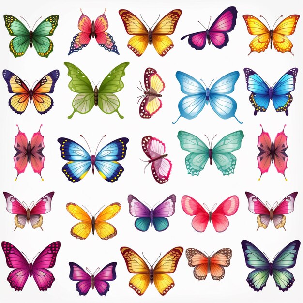 a group of colorful butterflies on a white background generative ai