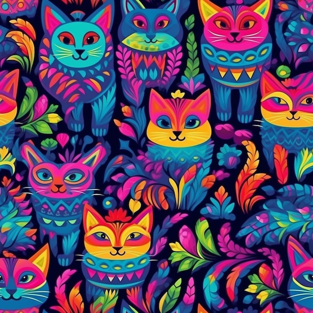 A group of colorful cats are sitting on a black background generative ai