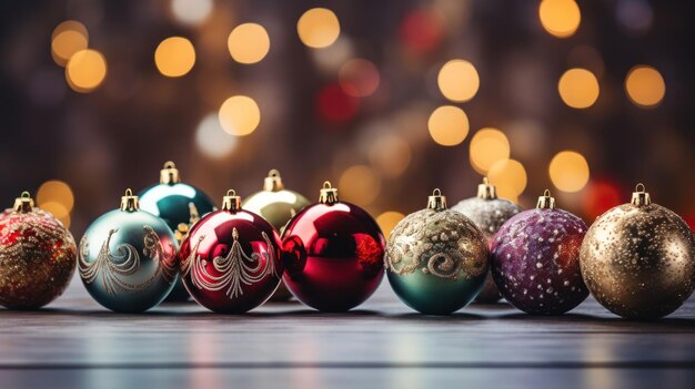 Photo a group of colorful christmas ornaments on a silver surface