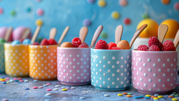 a group of colorful cupcakes with berries in them and a polka dot cup with polka dots