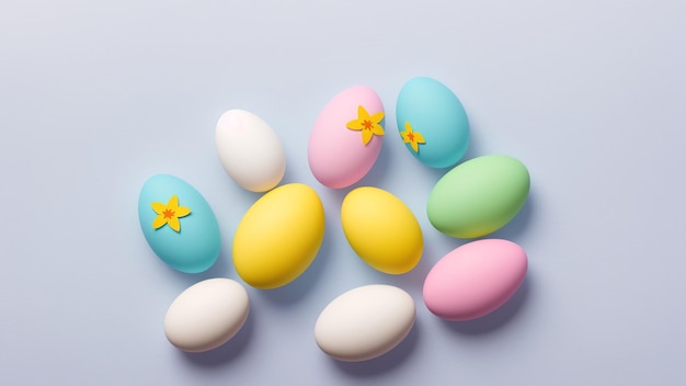 A Group Of Colorful Easter Eggs On A Blue Background