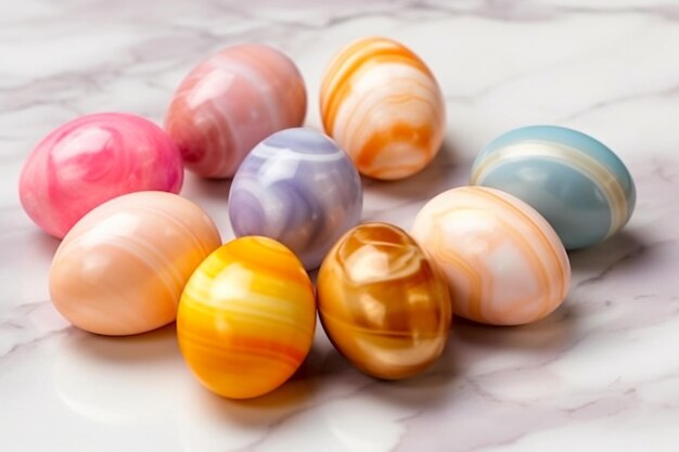 A group of colorful easter eggs on a marble table