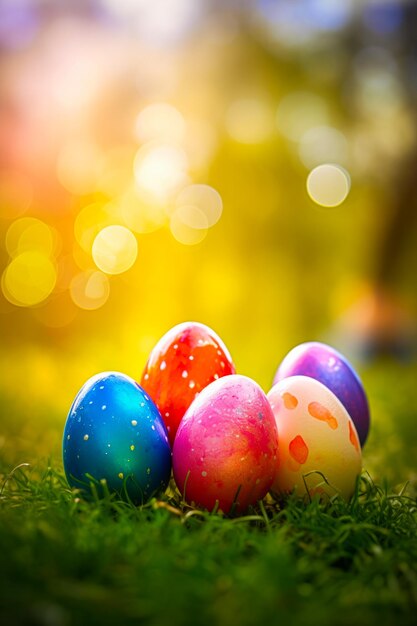 Group of colorful easter eggs sitting on top of green grass covered field generative ai