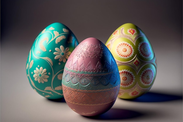 a group of colorful easter eggs with a pink and blue design.