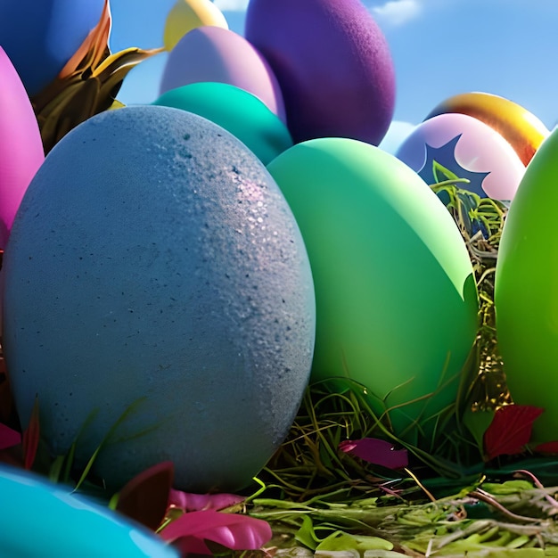 A group of colorful easter eggs with a purple flower in the middle.