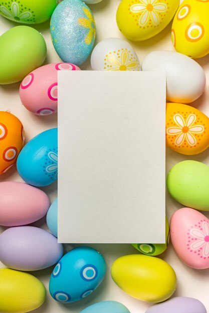 Foto un gruppo di colorate uova di pasqua con una carta bianca