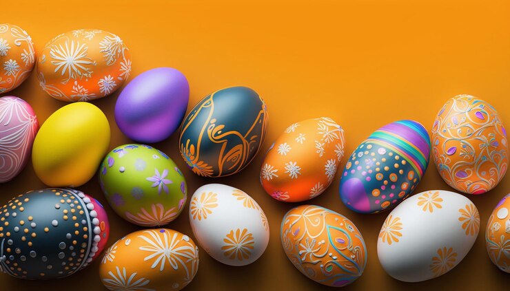 Photo a group of colorful easter eggs on a yellow background