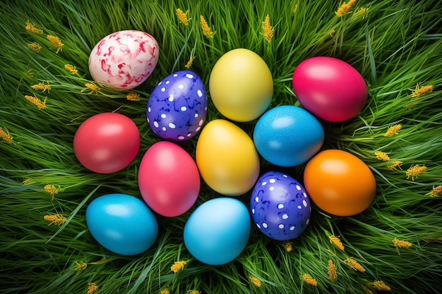 a group of colorful eggs in grass