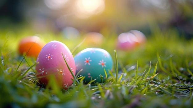 Group of Colorful Eggs on Lush Green Field