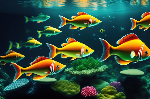 Group of colorful fish swimming in an aquarium