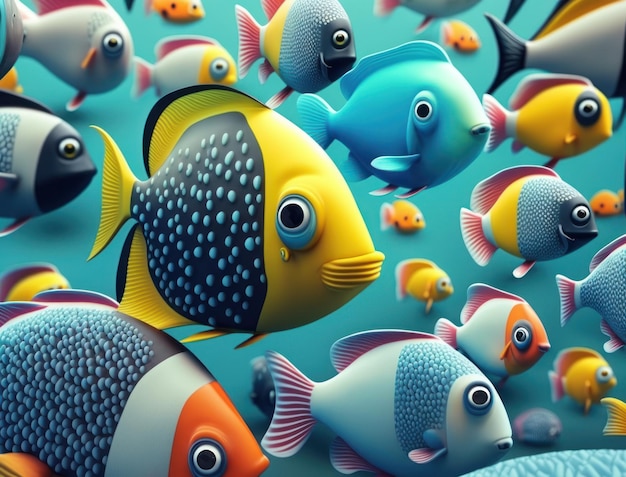 Группа разноцветных рыб на темном фоне. Создано с помощью технологии генеративного искусственного интеллекта.