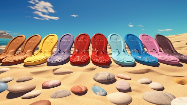 A group of colorful flipflops lined up on the sand