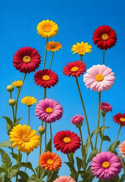 青い空を背景に色とりどりの花の群れ