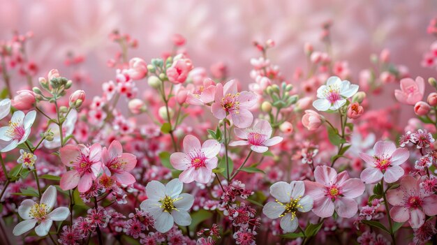 ピンク の 壁 に 飾ら れ た 色々 な 花 の 群れ