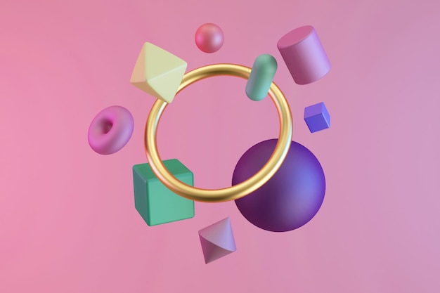 Group of colorful geometric shapes with golden ring on pink background