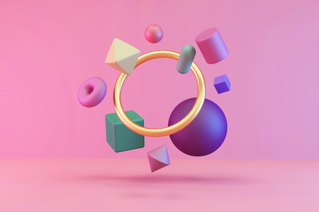 Group of colorful geometric shapes with golden ring on pink studio background