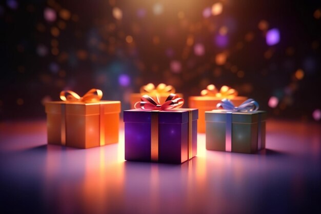 A group of colorful gift boxes with a gold ribbon on the top.