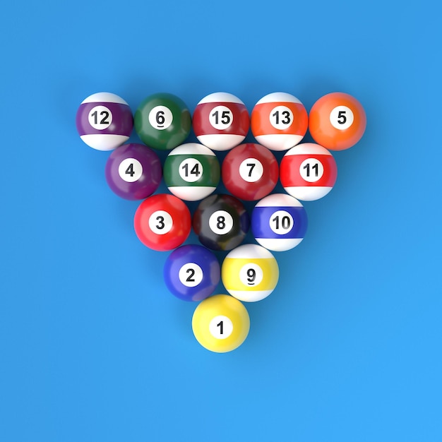 A group of colorful glossy billiard balls with numbers on a blue billiard table Pool ball set 3D