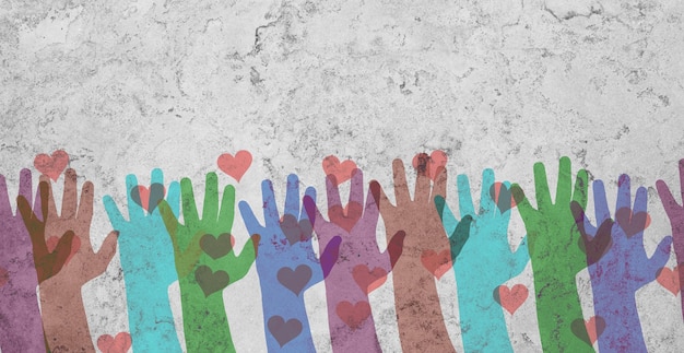 Group of colorful hands with hearts on a wall, volenteer concept, charity and friendship, support