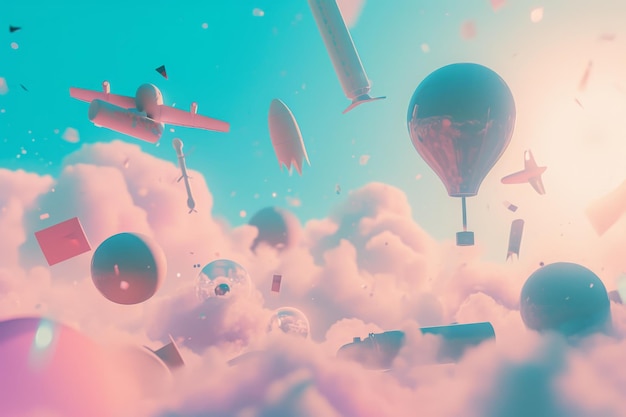 Photo a group of colorful hot air balloons soaring in the sky creating a captivating and picturesque scene silhouettes of random objects floating on a pastel dreamscape ai generated