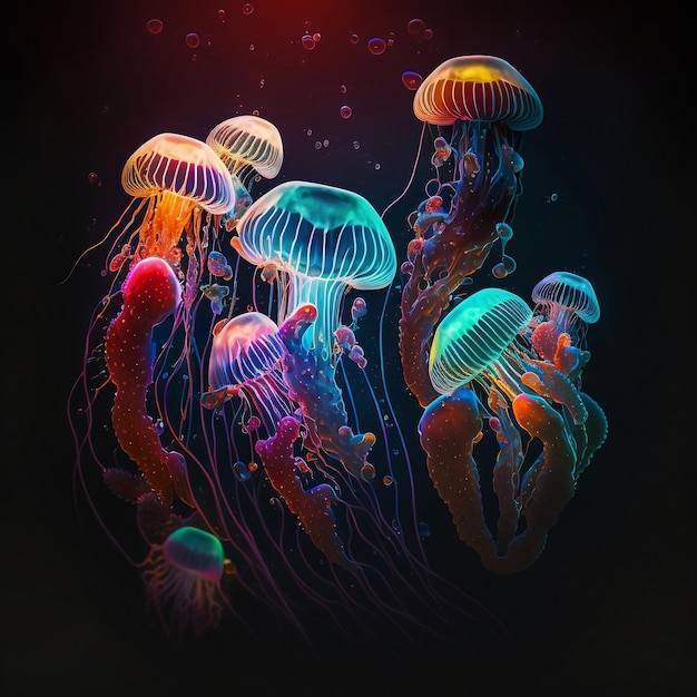 a group of colorful jellyfish floating in the ocean generative AI