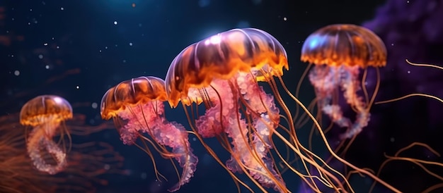 Group of colorful jellyfish swimming in the deep sea