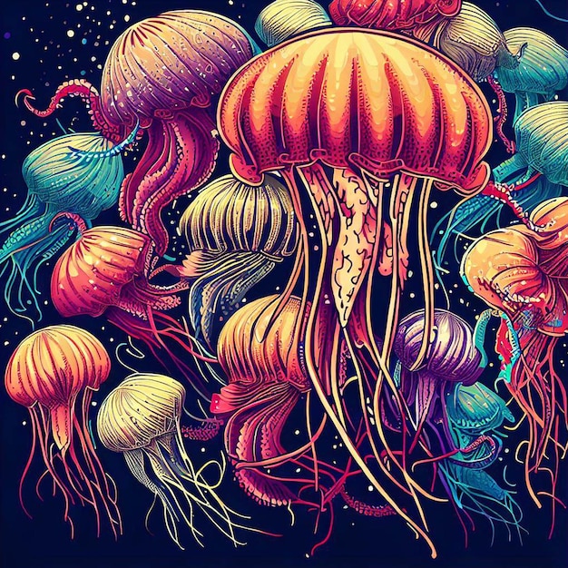 группа разноцветных медуз, плавающих в океане ночью
