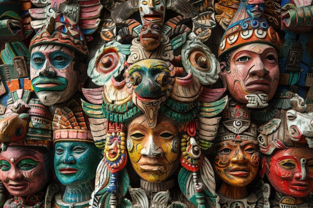 Foto un gruppo di maschere colorate in mostra per la vendita