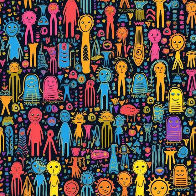 Группа красочных монстров и инопланетян на черном фоне, генеративный искусственный интеллект