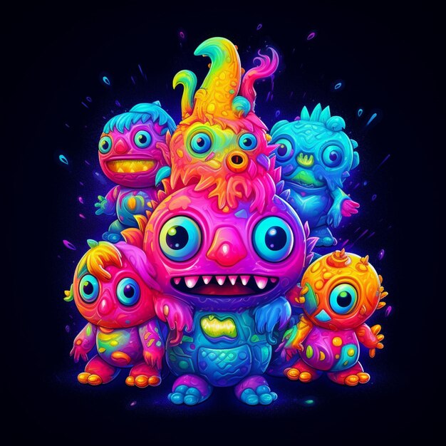 Photo a group of colorful monsters with big eyes and big teeth generative ai