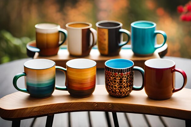 Photo a group of colorful mugs on a table