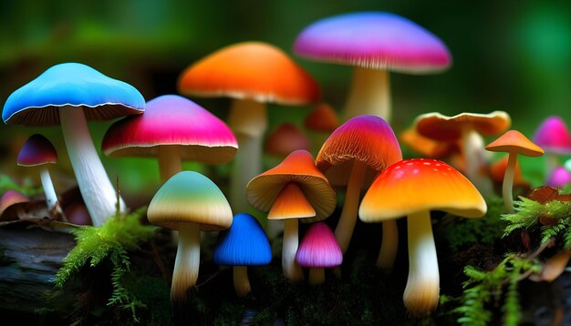 Foto un gruppo di funghi colorati che crescono sul pavimento della foresta con foglie e alberi sullo sfondo