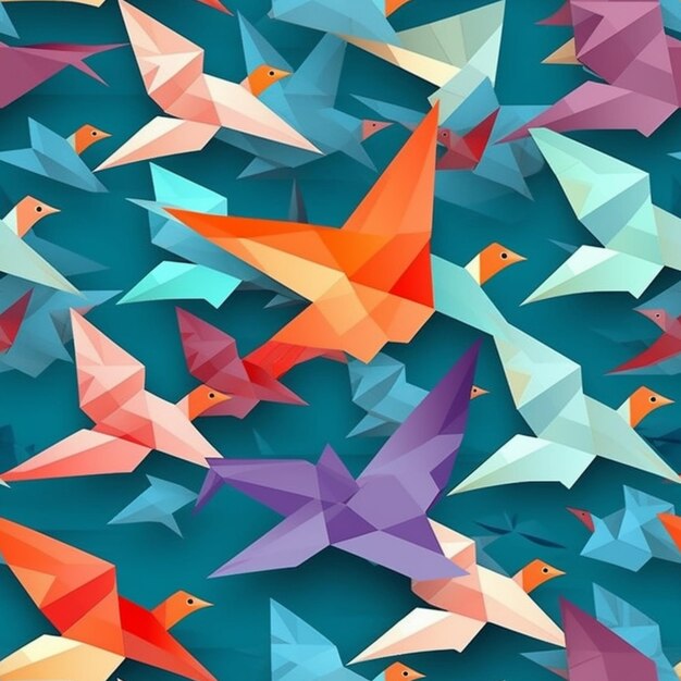 Foto un gruppo di colorati uccelli origami che volano nel cielo ai generativi