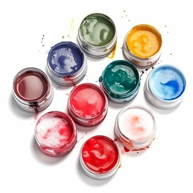 Группа красочных банок с краской разных цветов на них изолированы на белом фоне