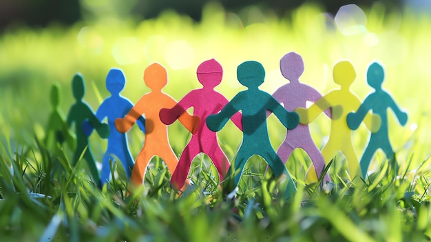 A group of colorful paper people holding hands in a lush green field under the sunlight The image symbolizes unity diversity and hope