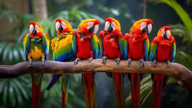 Группа разноцветных попугаев, сидящих на ветке