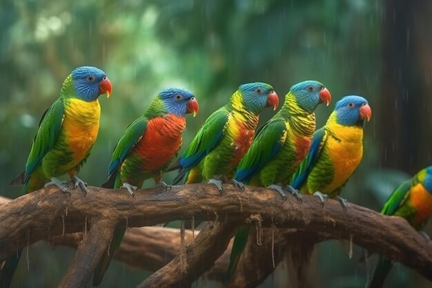 A group of colorful parrots sitting on a branch in the rain ai