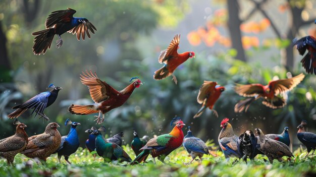 A group of colorful pheasants in a forest