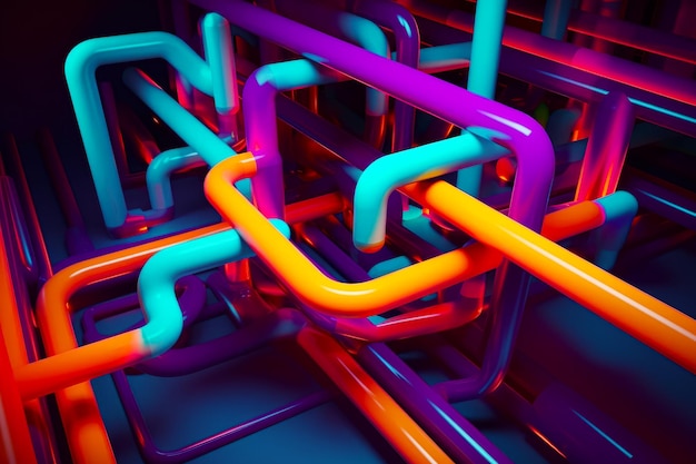 Photo group of colorful pipes connected to each other in room with blue and pink walls generative ai