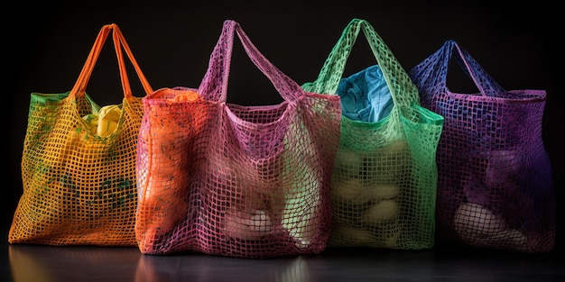 A group of colorful plastic bags with one that says'save the planet'on it