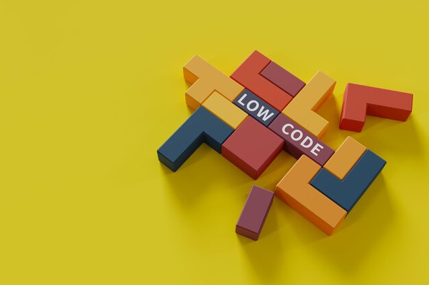 Group of colorful puzzle cubes forming the word low code 3d rendering