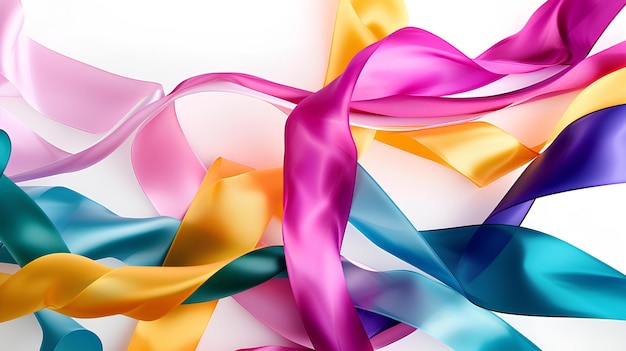 A group of colorful ribbons flying in the air together on a white background with a white backdrop