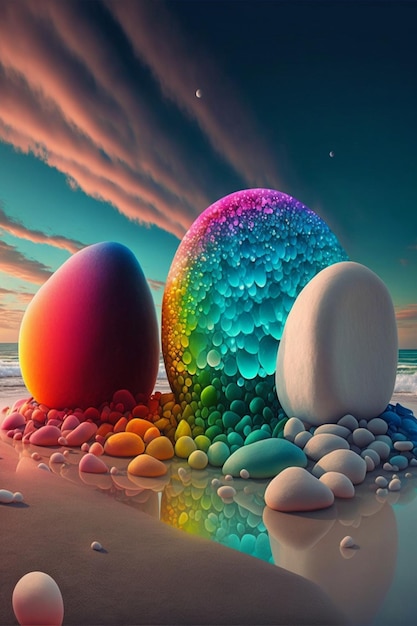 Group of colorful rocks sitting on top of a beach generative ai